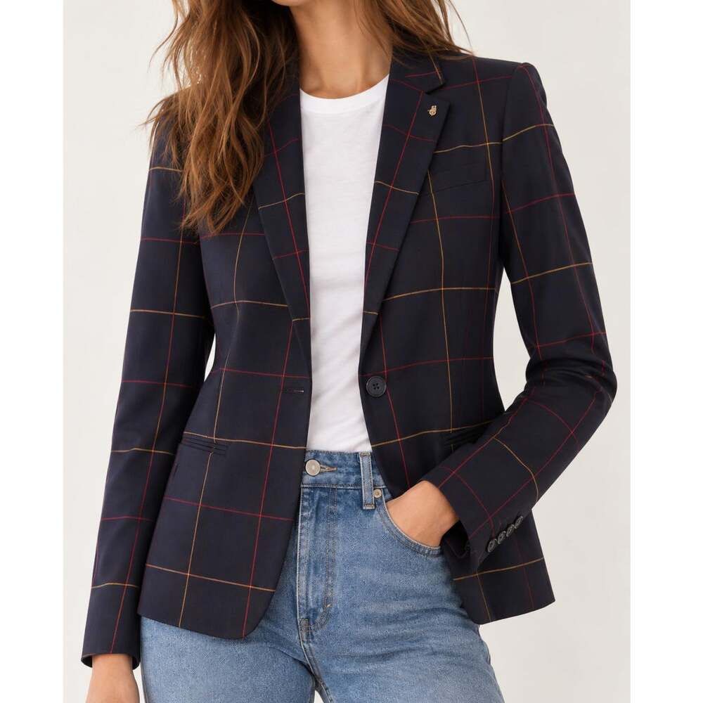 Tommy Hilfiger Women's Navy Windowpane Plaid Blazer Single Button Size 6 Preppy